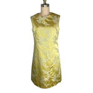 Vintage Sleeveless Yellow Floral Cherry Blossom Shift Dress Asian Inspired SMALL